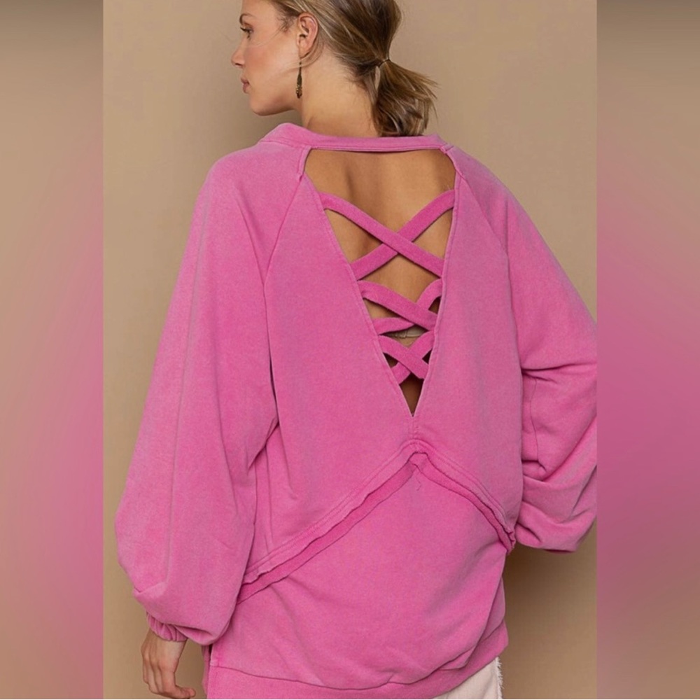 POL Hot Pink Crisscross Back Sweatshirt | Open Back | Slouchy Oversized Fit - Picture 5 of 6